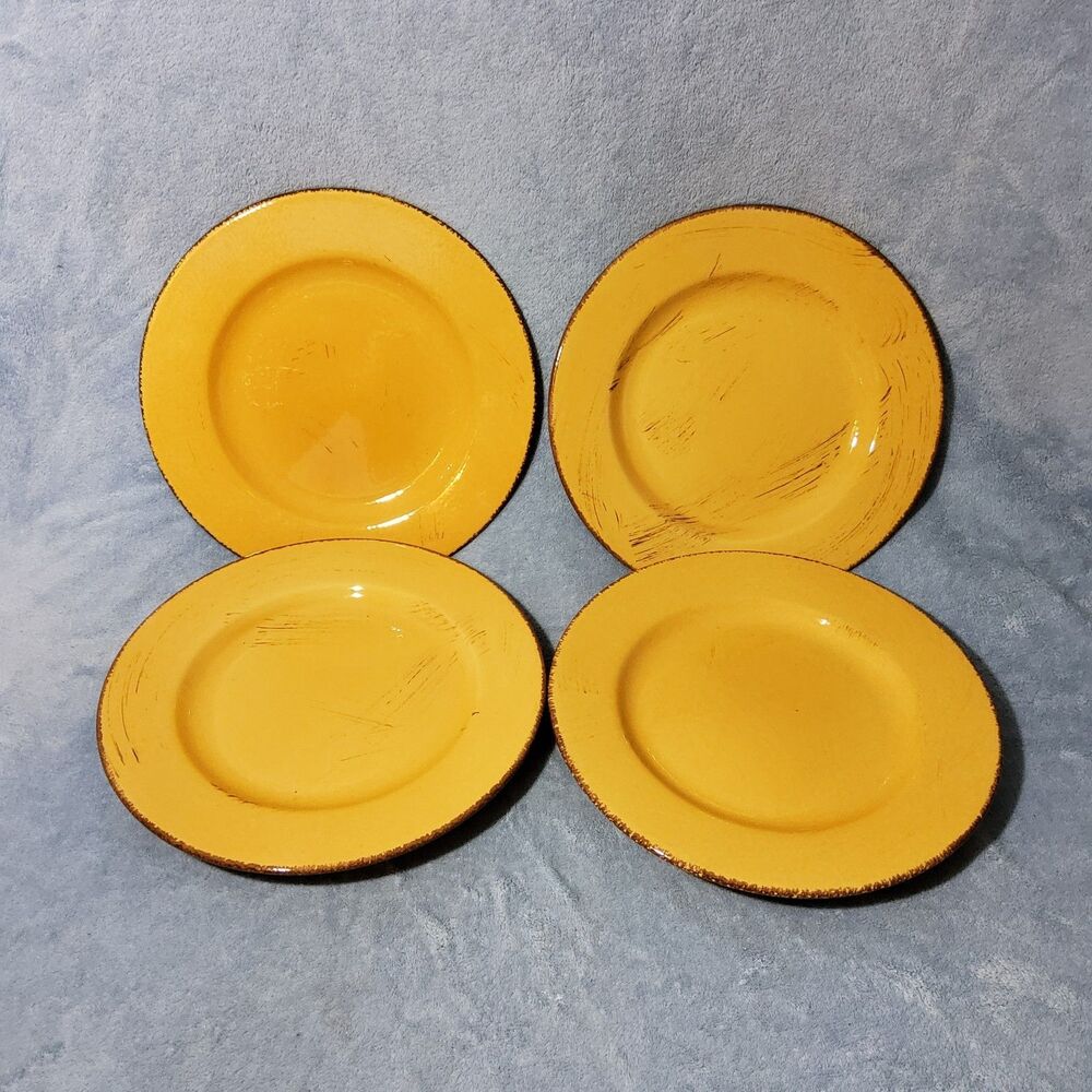 4 HOME Made in Italy Yellow Ochre Tuscan Distressed 11" Dinner Plates Stoneware